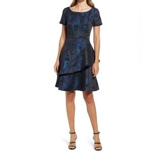 Shani Blue Asymmetrical Ruffle Jacquard Dress Short Sleeve Cocktail Dress 8 New